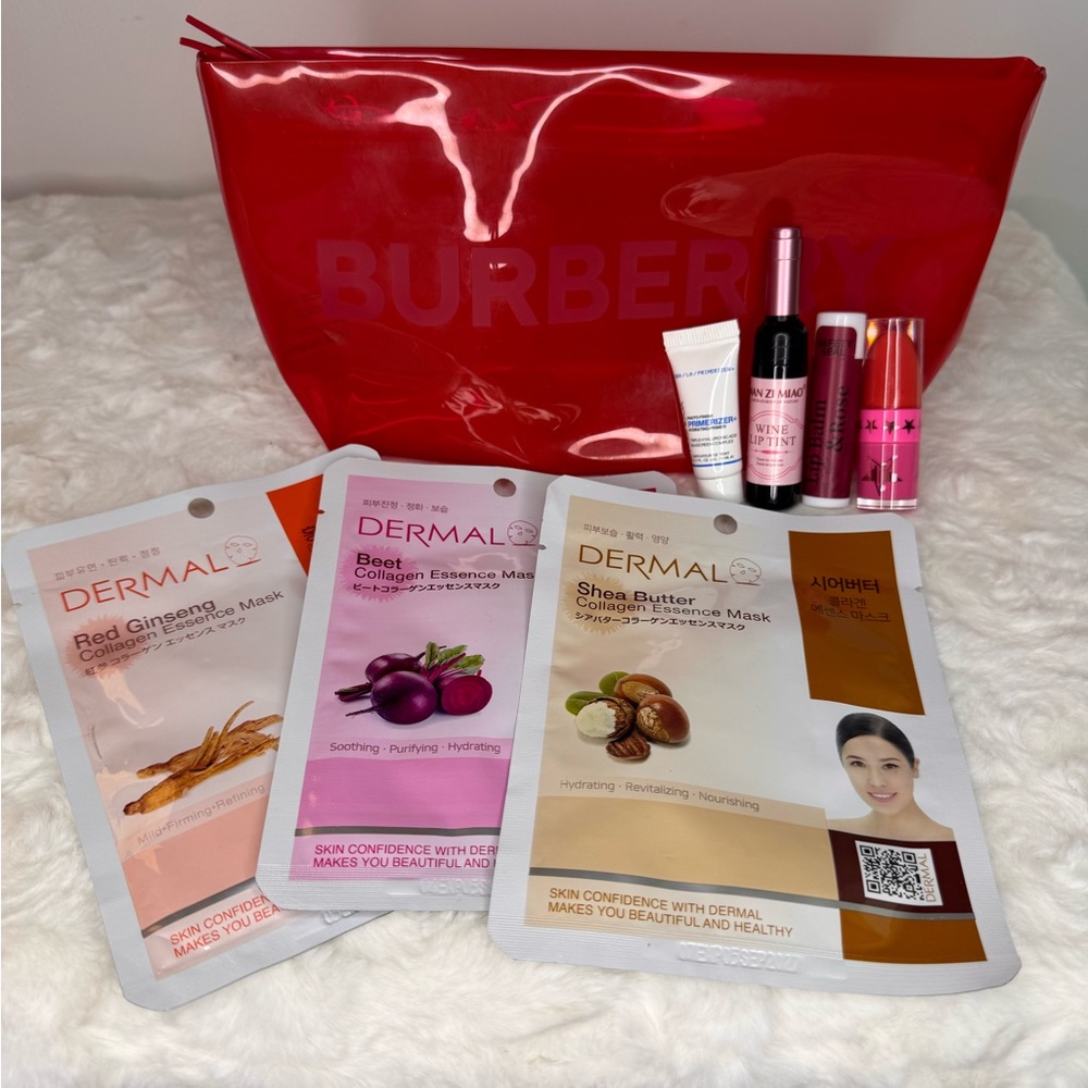 Burberry Vibrant Red Flexible Plastic Cosmetic Pouch with 7 beauty items